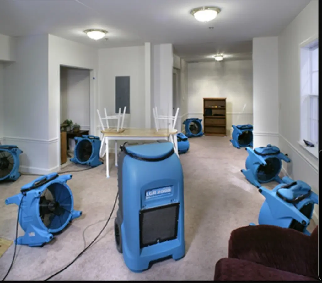 Air movers and dehumidifier setup for Water Damage Restoration in Meadville